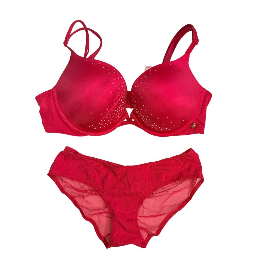 Victoria’s Secret Very Sexy Push Up Bra Set 36C Small Rhinestone Lingerie Red